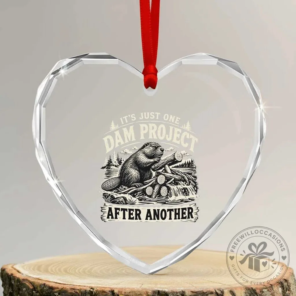 Funny Beaver Dam Project Heart Crystal Glass Christmas Ornament