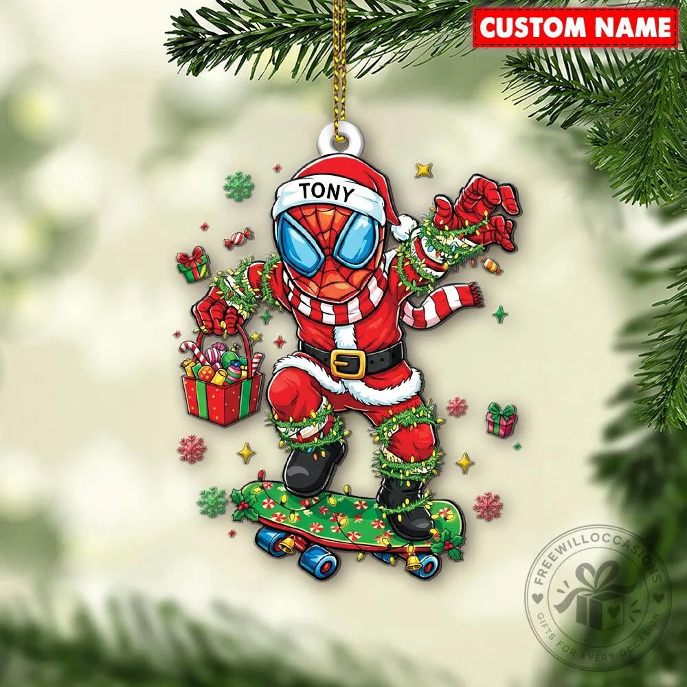 Personalized Spider-Man Christmas Ornament with Santa Suit and Skateboard