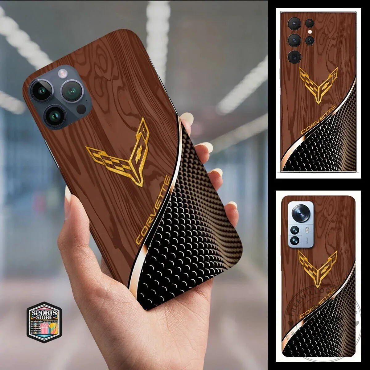 Corvette Logo Wood Grain Pattern Protective Phone Case for All Phone Models
