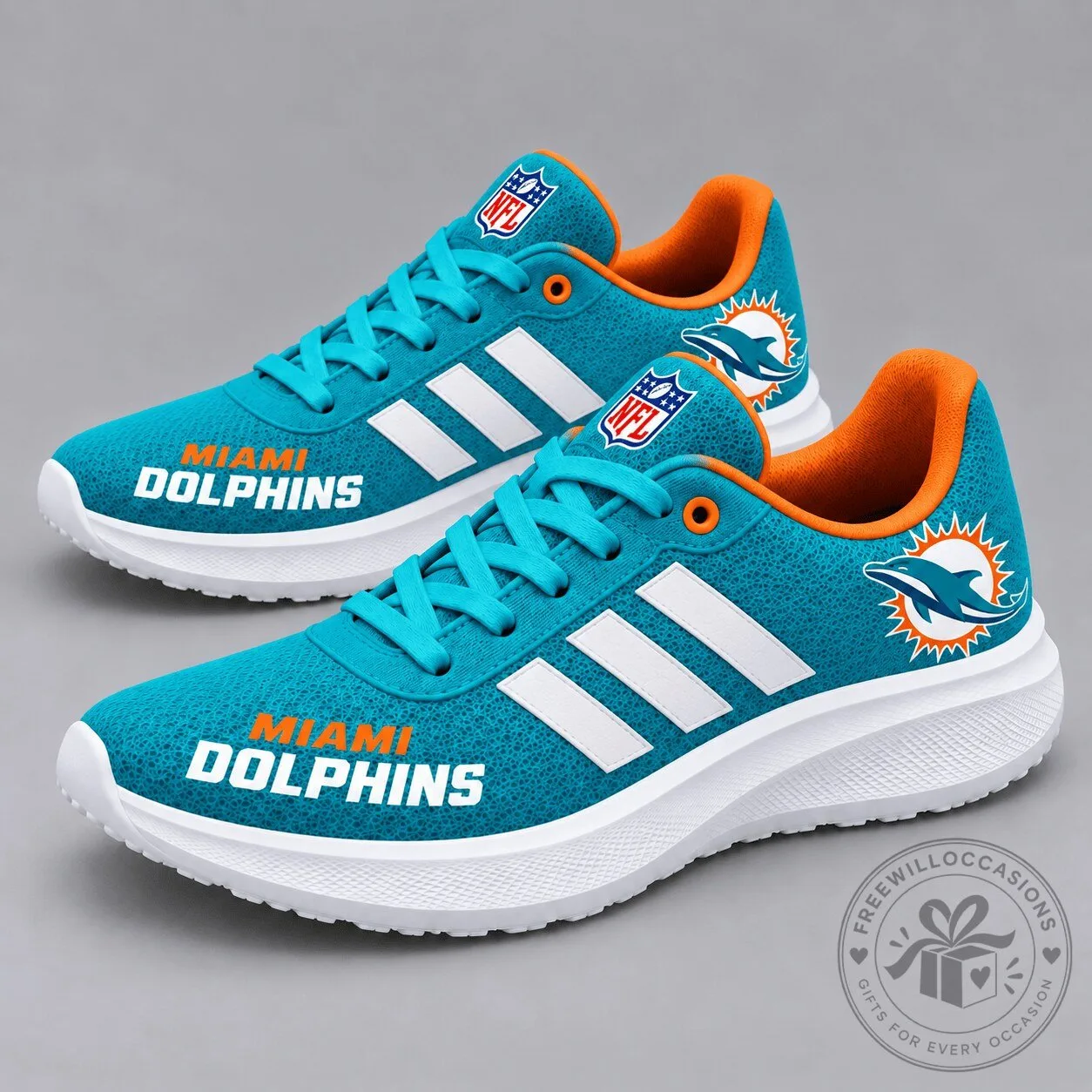 Miami Dolphins NFL Team Logo Aqua Orange Stripe Sport Sneakers