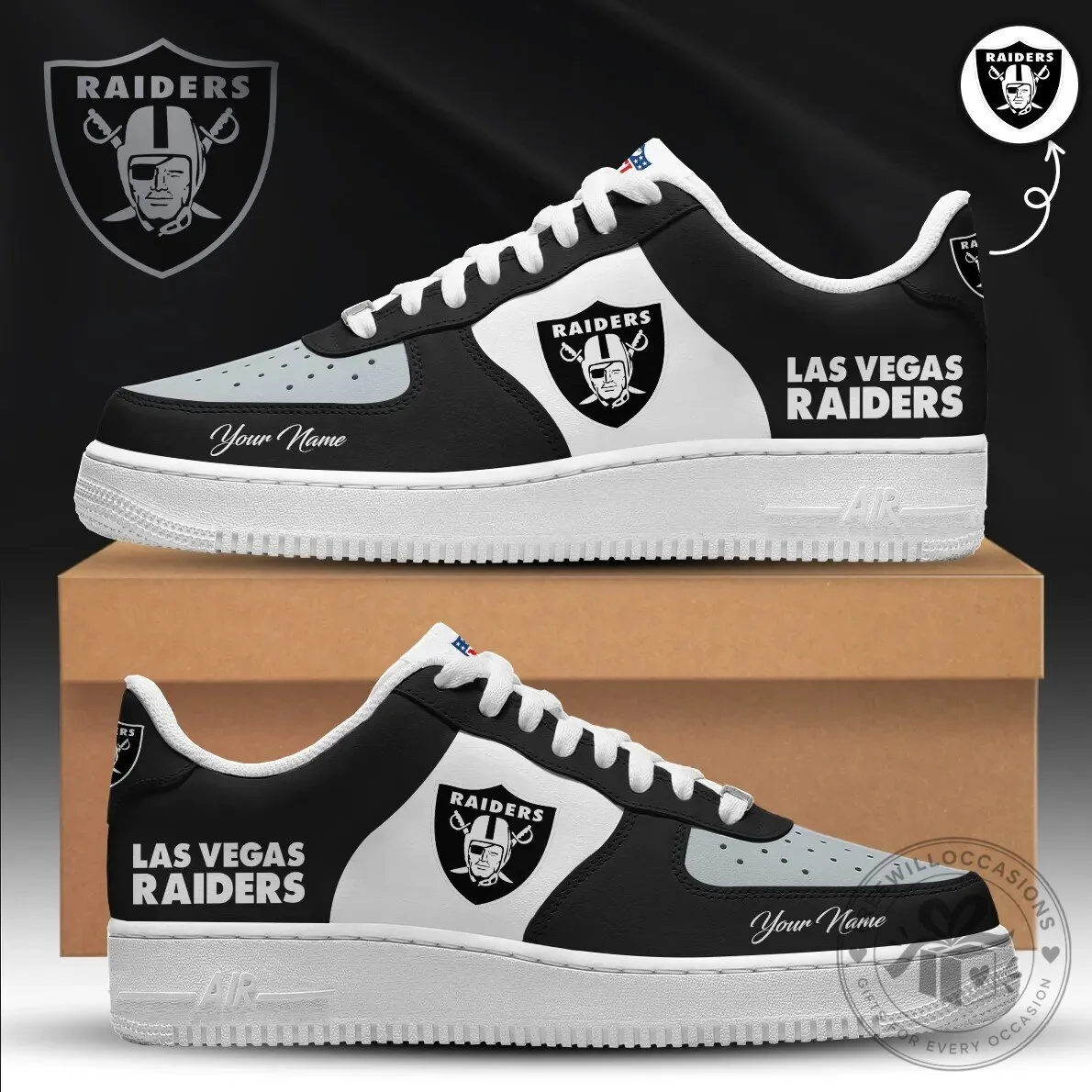 Las Vegas Raiders Custom Name Black and White Air Force Sneakers Shoes