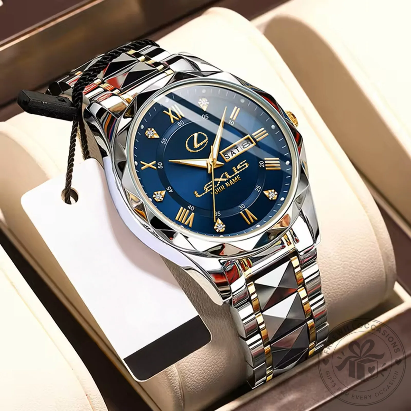Lexus Custom Name Stainless Steel Watch with Blue Dial and Gold Accents