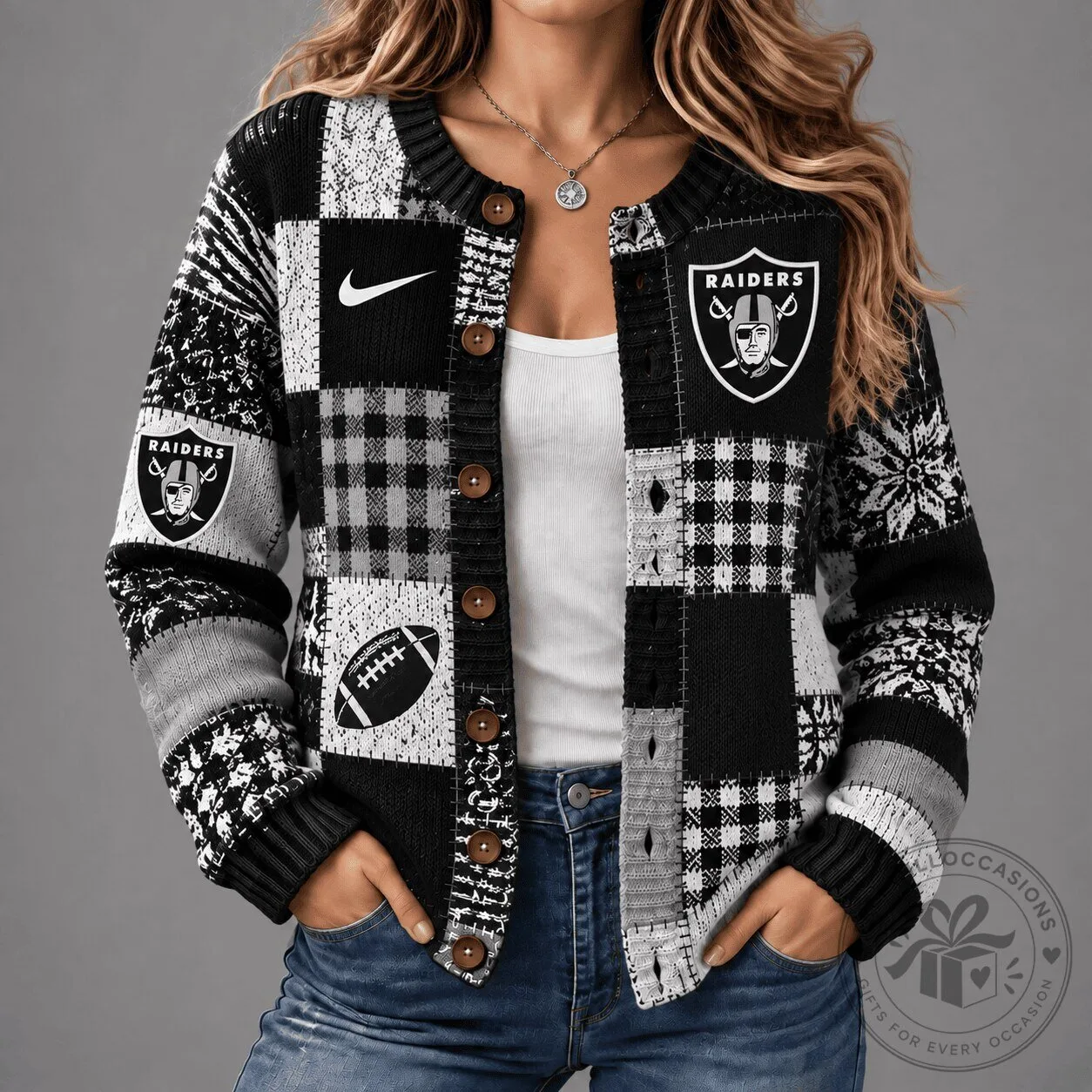 Las Vegas Raiders Patchwork Knit Cardigan Sweater for Women