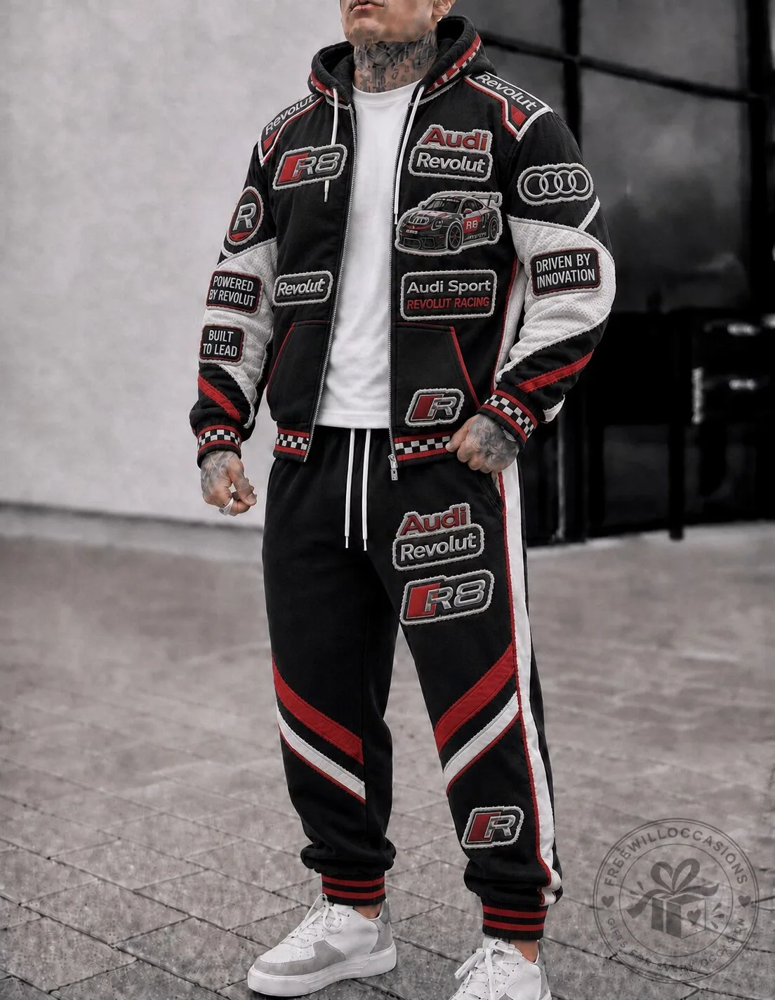 Audi Revolut Racing R8 Black White Red Patchwork Zip-Up Hoodie 1 Audi Revolut Racing R8 Black White Red Patchwork Zip-Up Hoodie