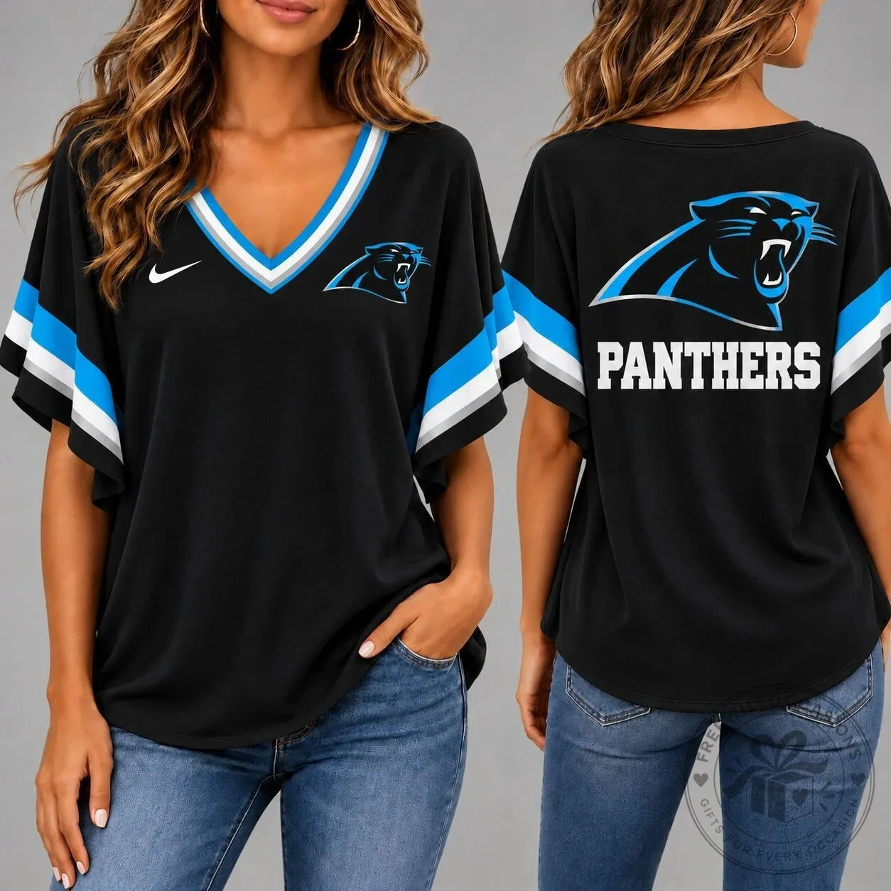 Carolina Panthers Women's Black Football Fan Short Sleeve V-Neck T-Shirt