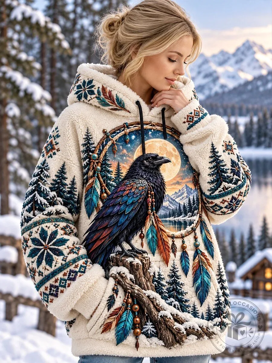 Dreamcatcher Raven Moon Winter Forest Cozy Sherpa Fleece Hoodie