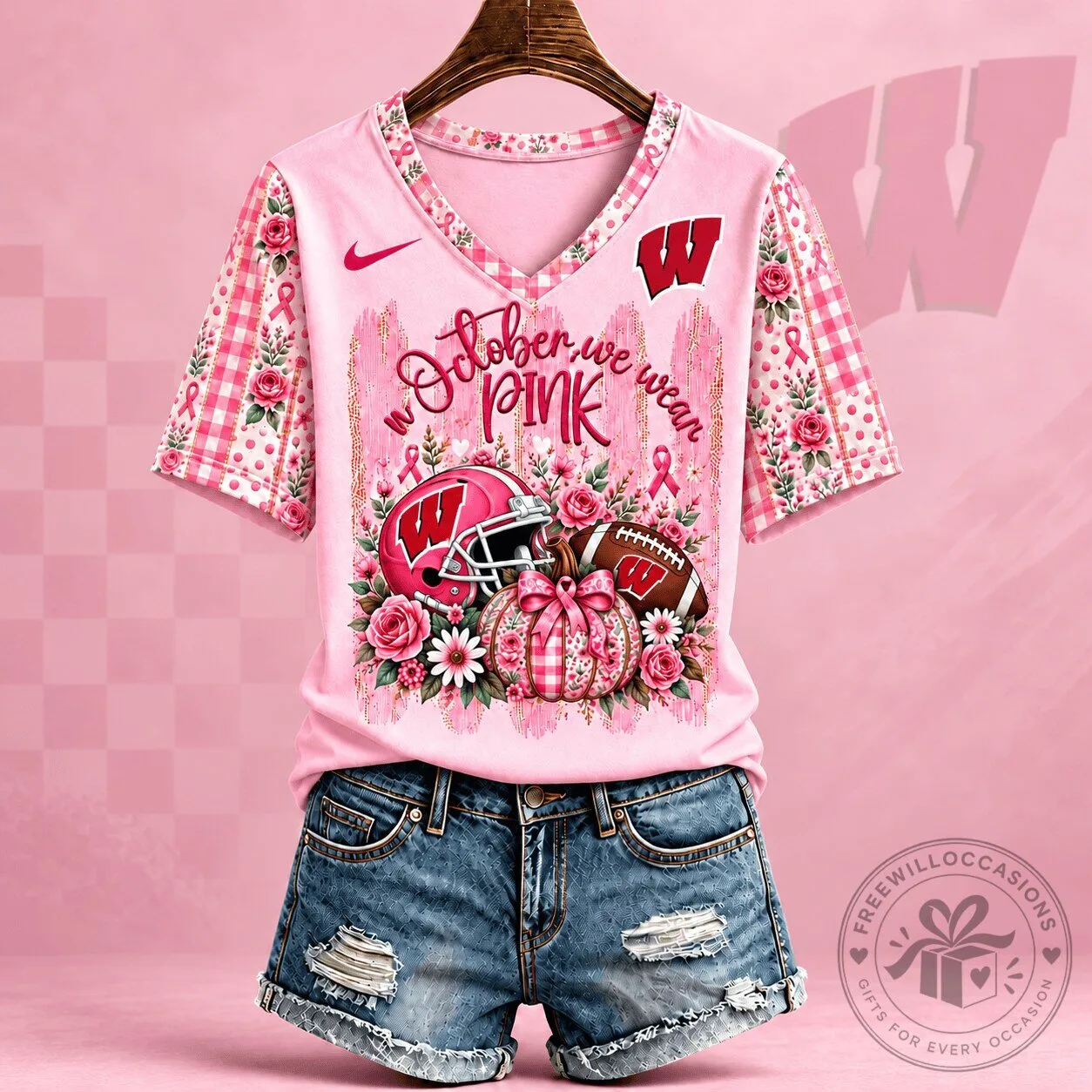 Wisconsin Badgers Football Breast Cancer Awareness Pink Floral Women's T-Shirt