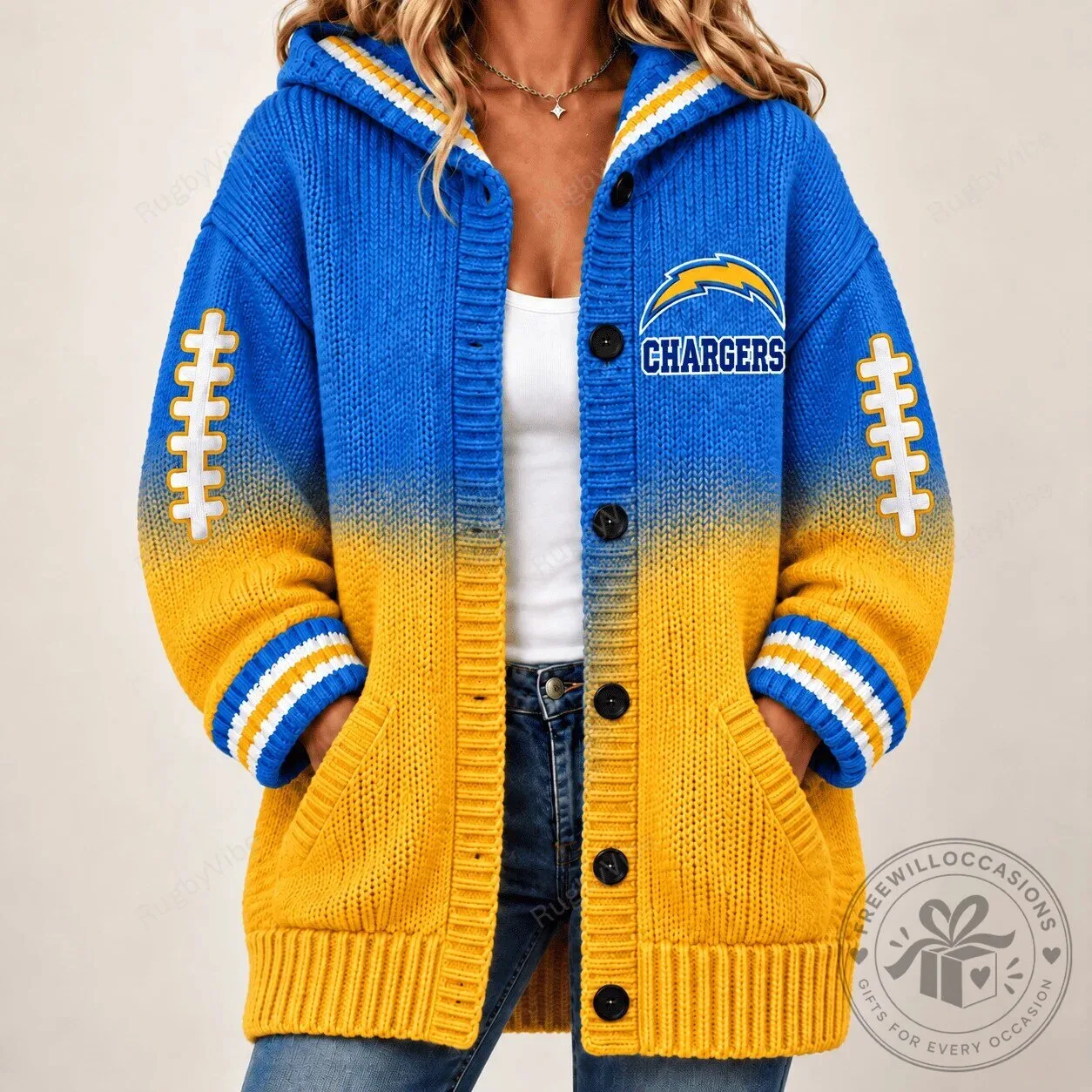 Los Angeles Chargers Football Team Blue Yellow Ombre Knit Cardigan Hoodie