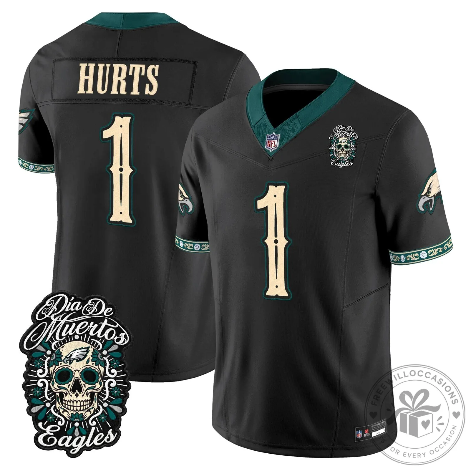 Philadelphia Eagles Jalen Hurts Dia de los Muertos Football Jersey 35 Philadelphia Eagles Jalen Hurts Dia de los Muertos Football Jersey