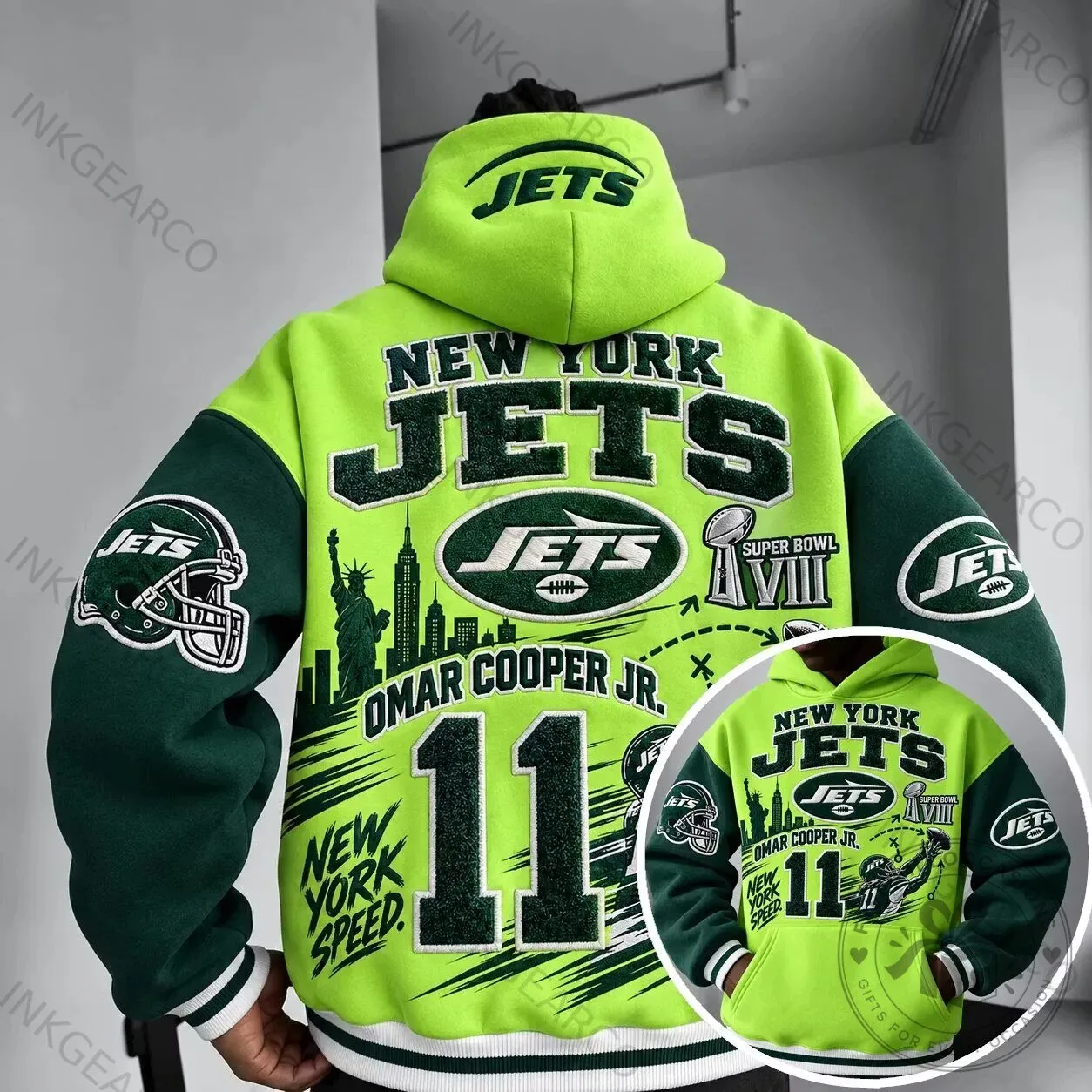New York Jets Omar Cooper Jr. Super Bowl VIII Green Football Hoodie