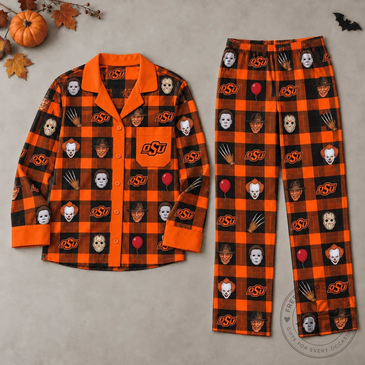 Oklahoma State Cowboys Halloween Horror Movie Characters Plaid Pajamas Set 1 Oklahoma State Cowboys Halloween Horror Movie Characters Plaid Pajamas Set