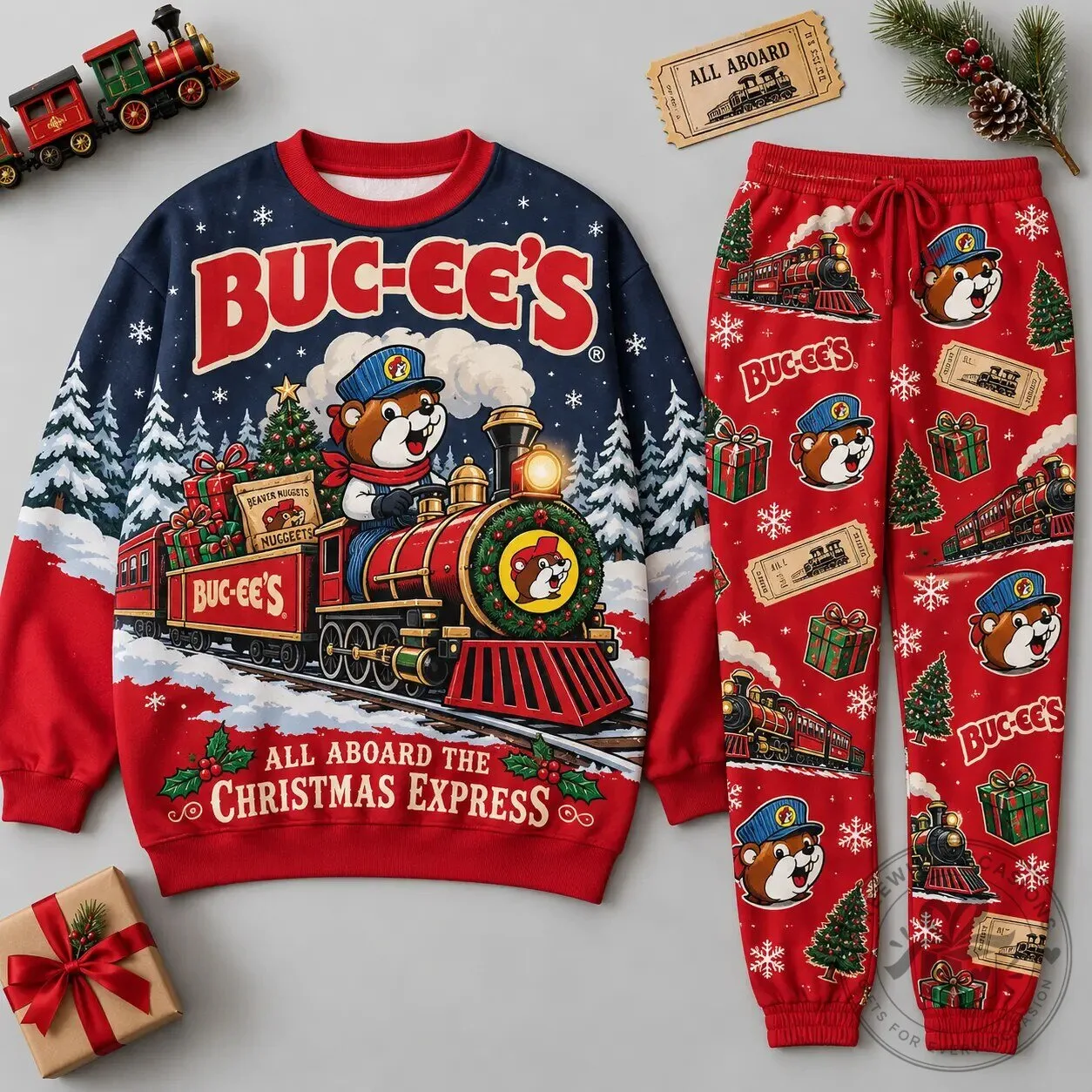 Buc-ee's All Aboard The Christmas Express Holiday Crewneck Sweatshirt and Joggers Set