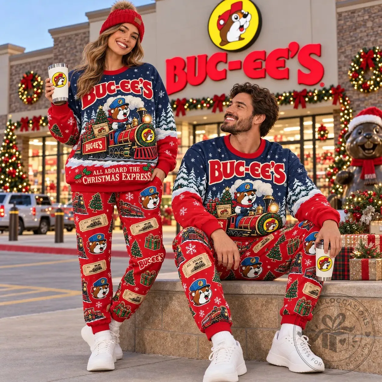 Buc-ee's All Aboard The Christmas Express Holiday Crewneck Sweatshirt and Joggers Set 8 Buc-ee