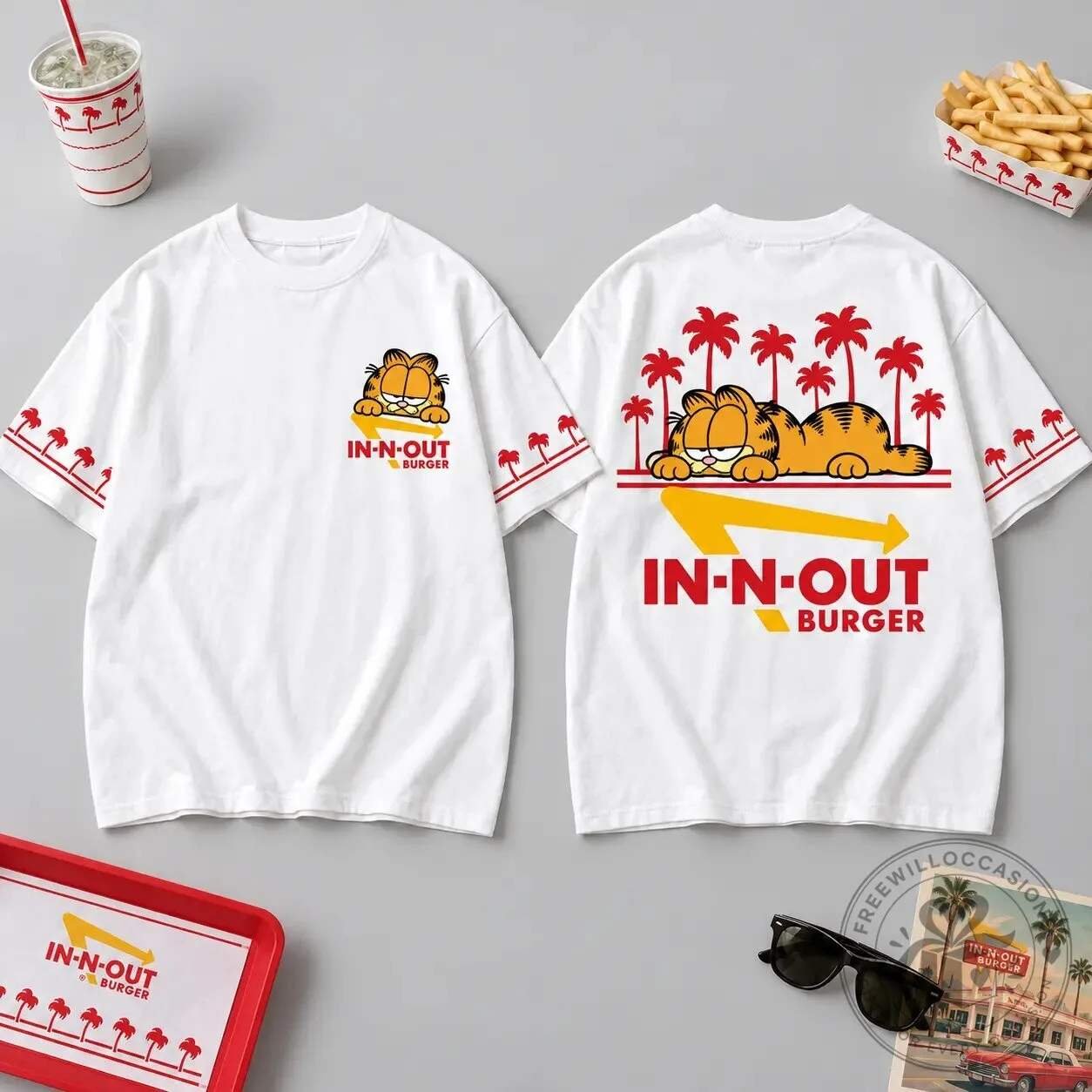 Garfield Sleeping In-N-Out Burger Palm Tree White Graphic T-Shirt