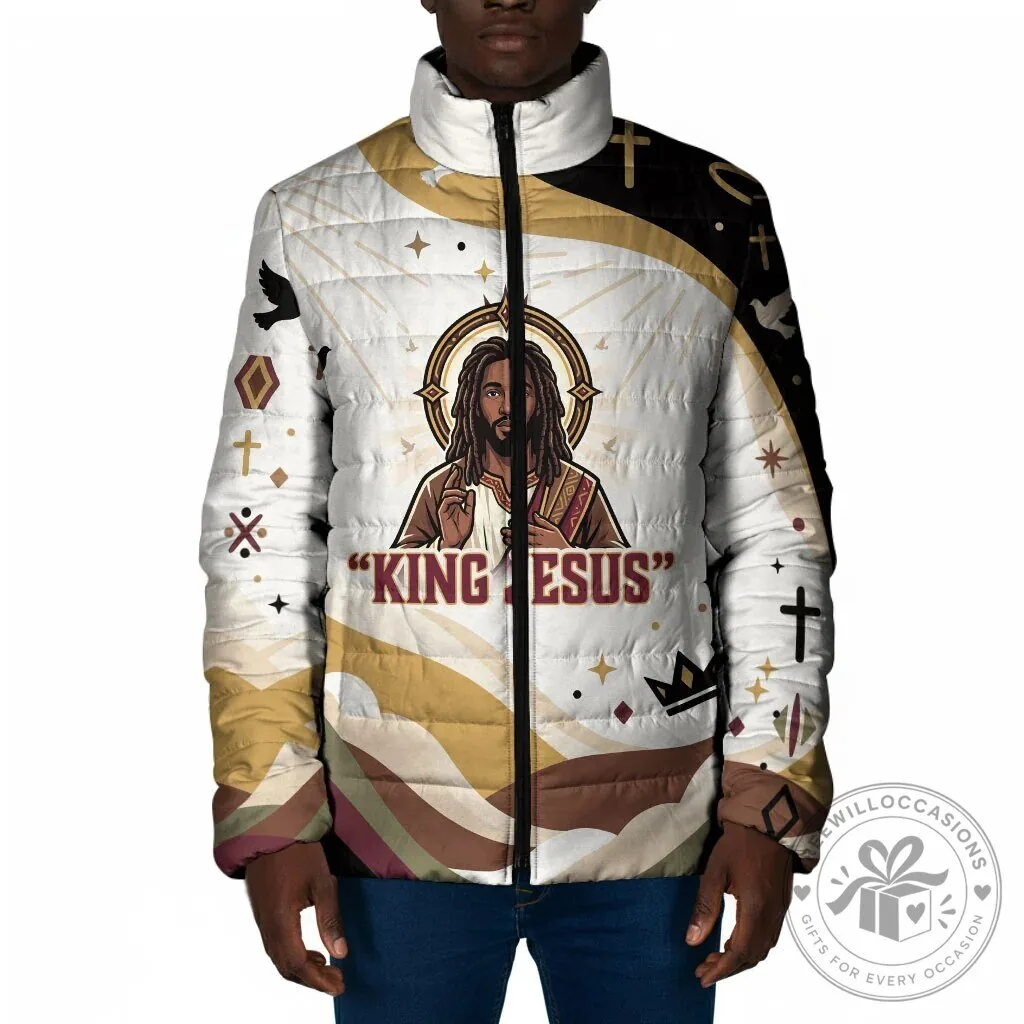 King Jesus Black Christ Religious Christian Faith Holy Cross Dove Spiritual Padded Jacket