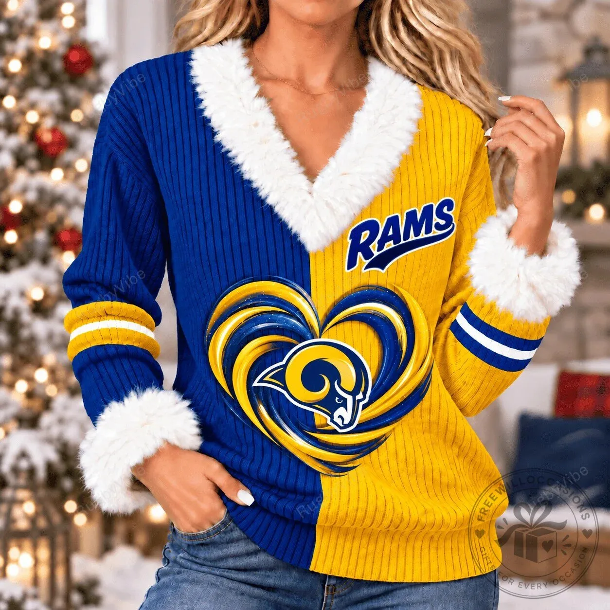 Los Angeles Rams Women's Split Color Heart Logo Fur Trim Sweater
