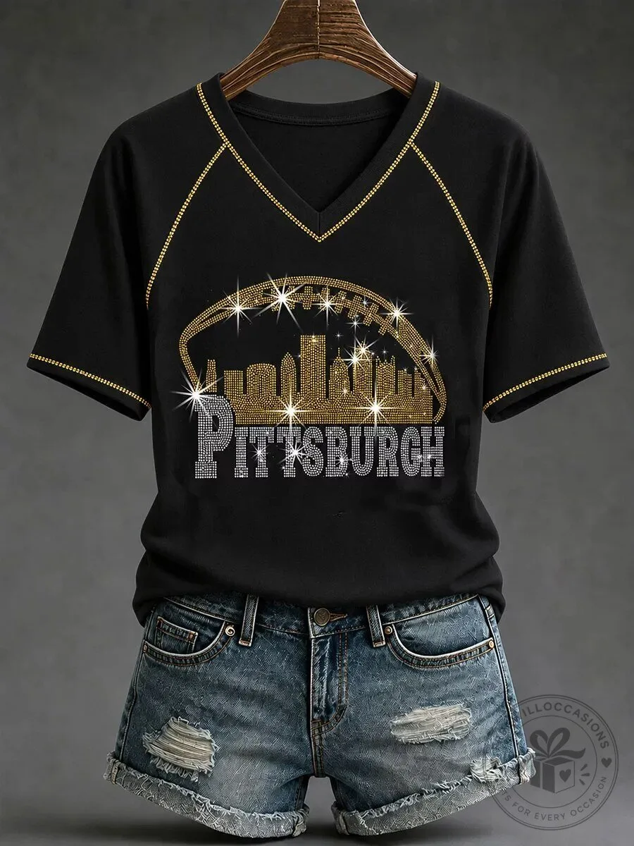 Women’s Rhinestone V-Neck T-Shirt Featuring Pittsburgh Football City Skyline