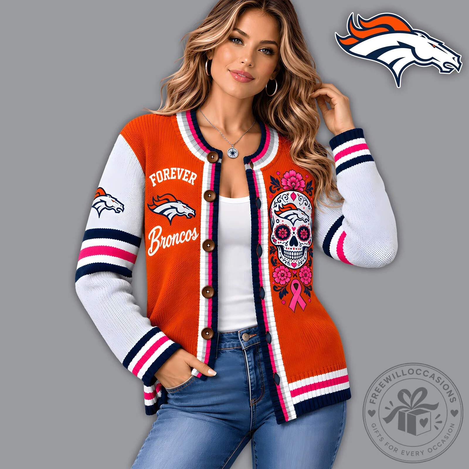 Denver Broncos Floral Skull Knit Cardigan for Women, NFL Football Fan Apparel