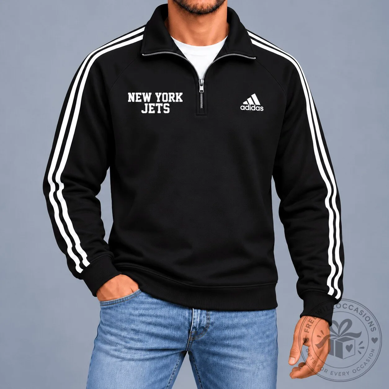New York Jets Adidas Classic Black And White Stripe Quarter-Zip Sweatshirt