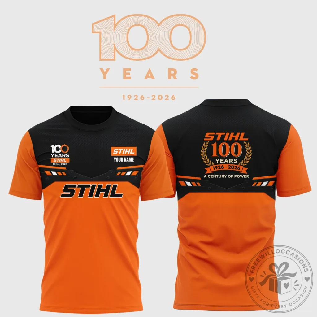 Stihl 100 Years Anniversary 1926-2026 Orange and Black Short Sleeve T-Shirt Stihl 100 Years Anniversary 1926-2026 Orange and Black Short Sleeve T-Shirt