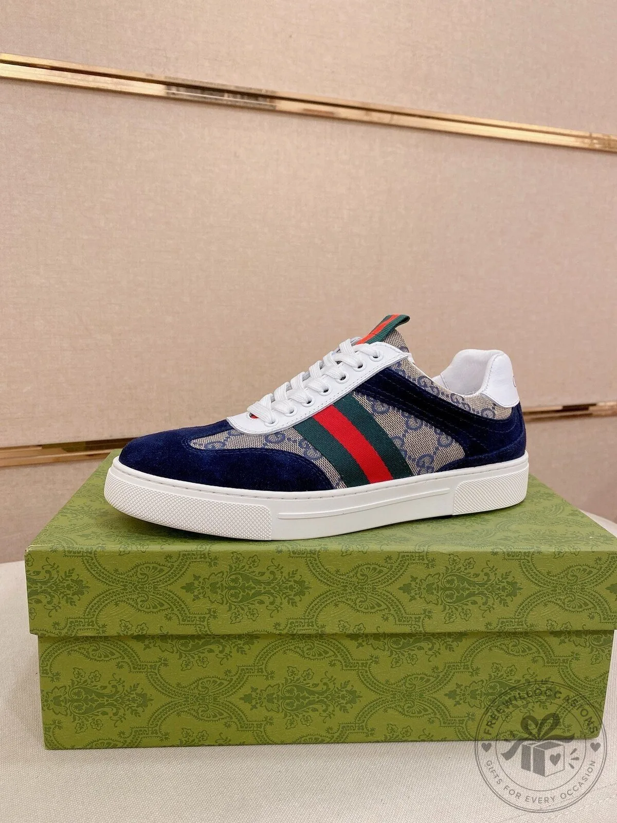 Gucci Blue Suede and Monogram Canvas Low Top Sneakers for Men