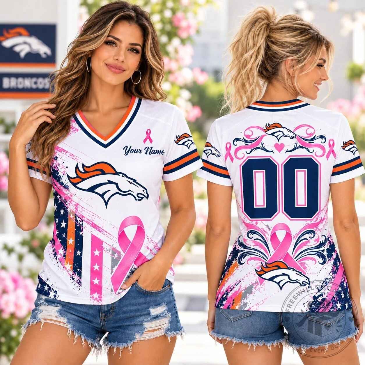 Denver Broncos Pink Breast Cancer Awareness Football Jersey V-Neck