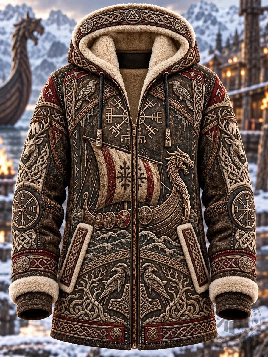 Viking Art Fleece Lined Winter Coat with Norse Mythology Design