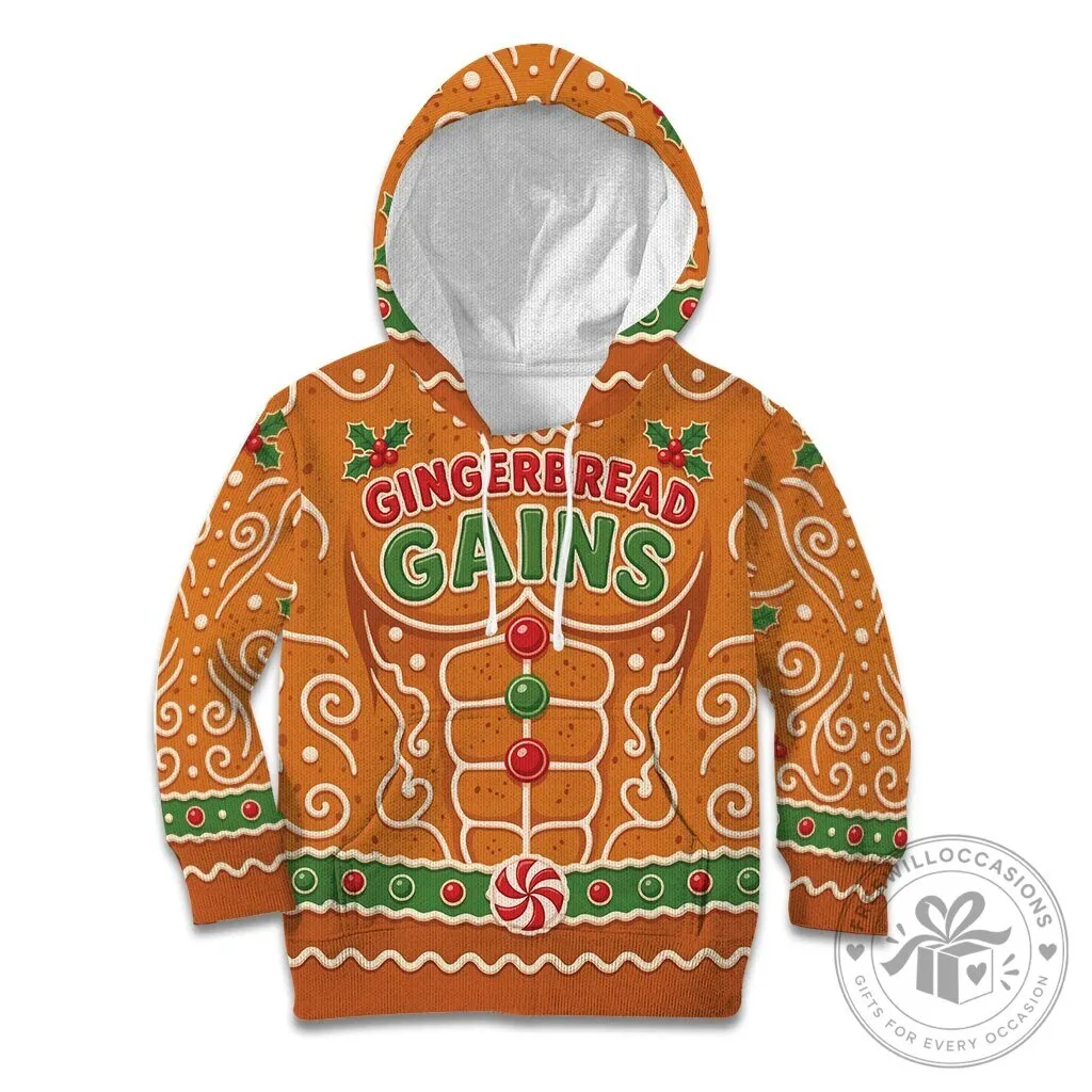 Funny Gingerbread Man Christmas Gains Bodybuilder Holiday Hoodie