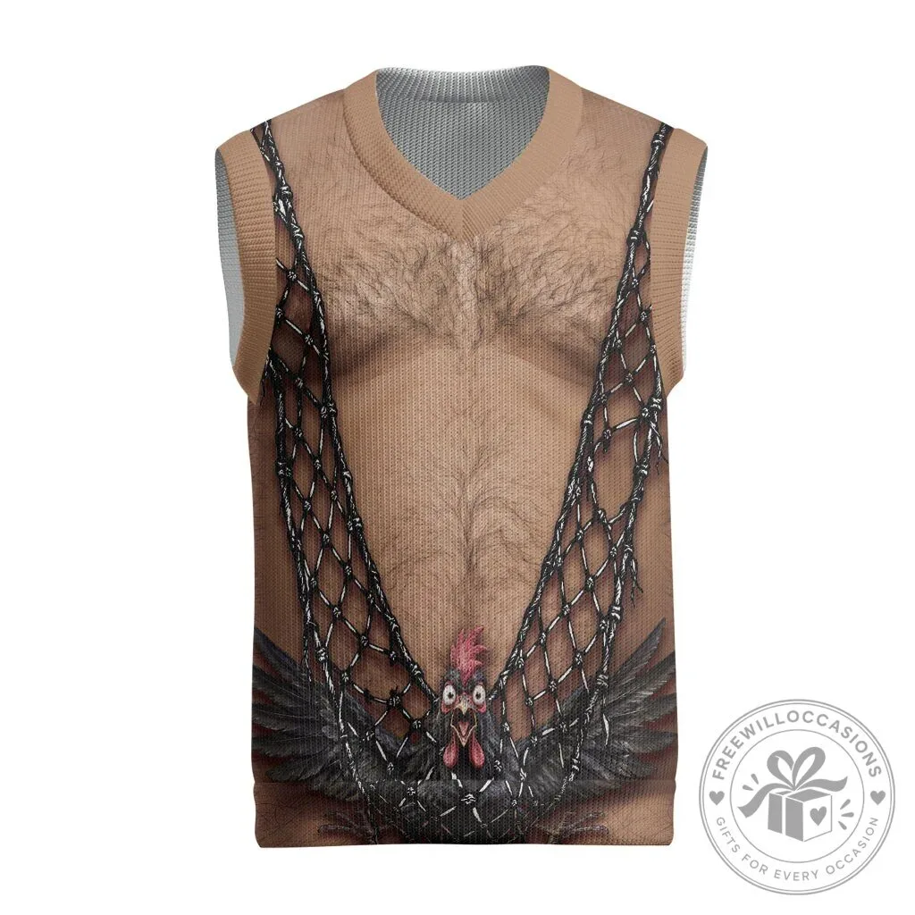 Funny Hairy Chest Rooster Barbed Wire Christmas Sweater Vest