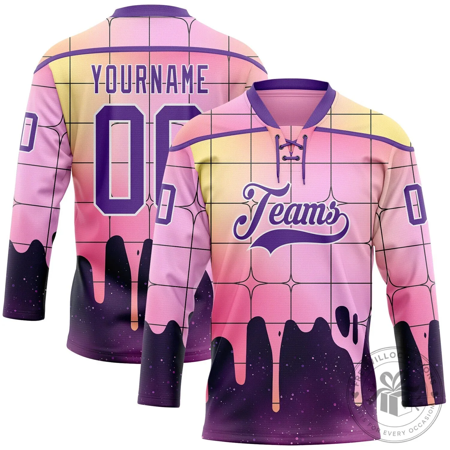 Custom Pink Purple Yellow Melting Rave Psychedelic Checkerboard Lace Neck Hockey Jersey 3 Custom Pink Purple Yellow Melting Rave Psychedelic Checkerboard Lace Neck Hockey Jersey