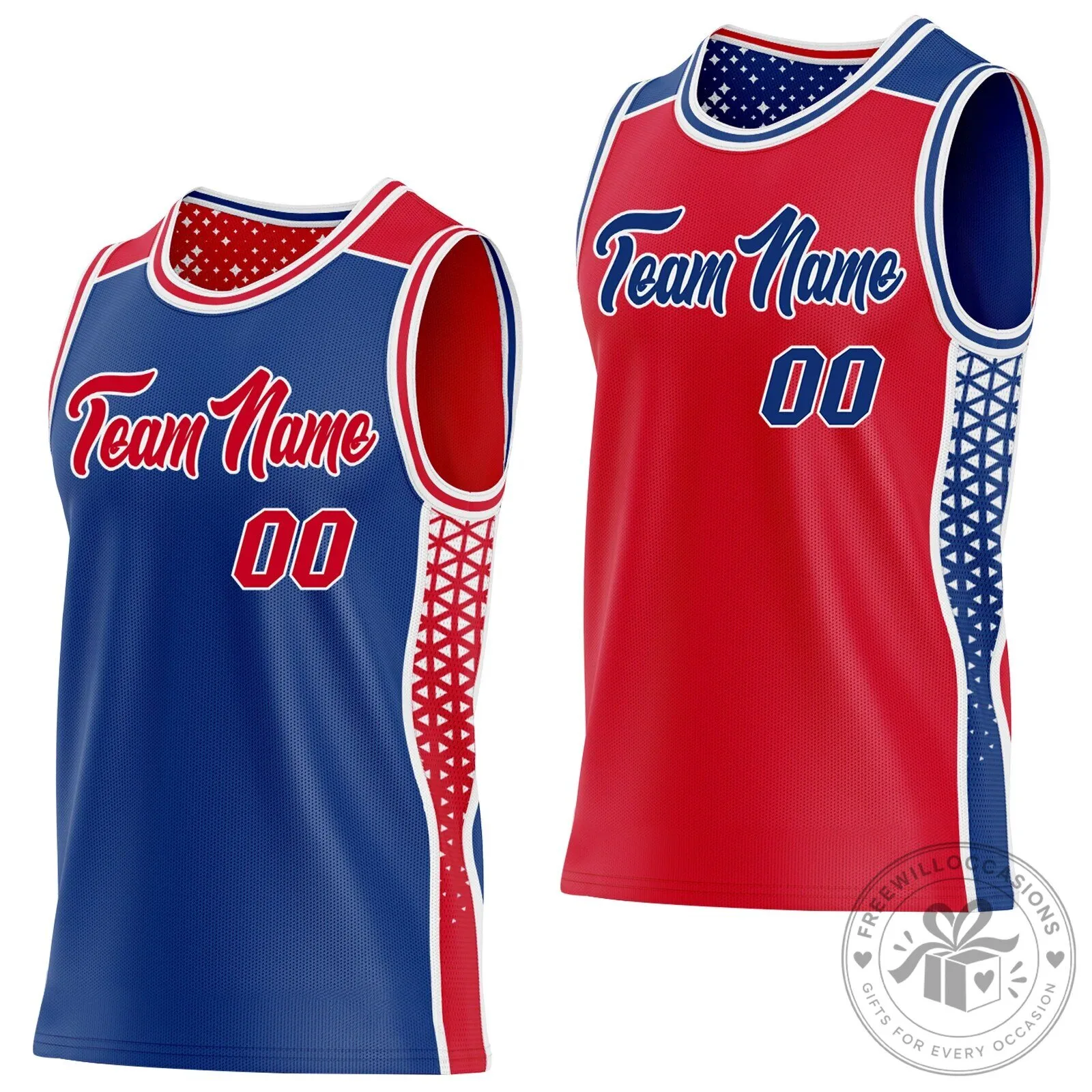 Custom Reversible Red Blue Geometric Triangle Gradient Basketball Jersey