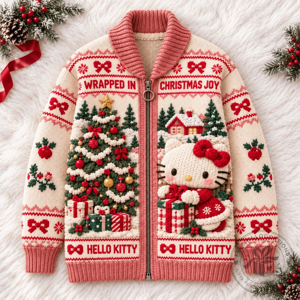Hello Kitty Wrapped In Christmas Joy Cardigan Sweater