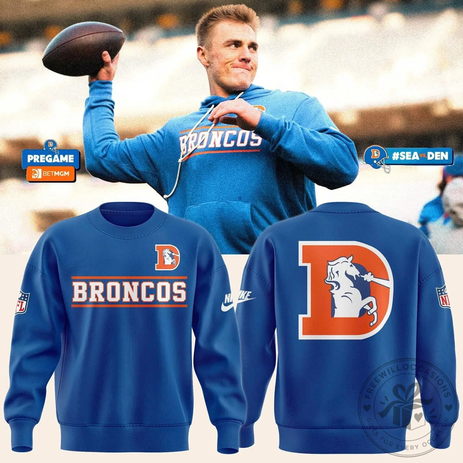 Denver Broncos Royal Blue Throwback Sideline Crewneck Sweatshirt