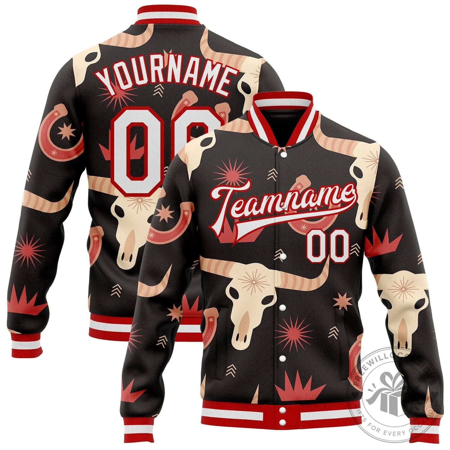 Western Cow Skull Horseshoe Bomber Full-Snap Varsity Letterman Jacket
