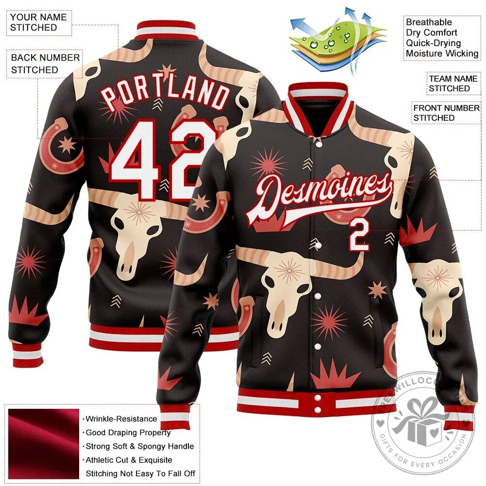 Western Cow Skull Horseshoe Bomber Full-Snap Varsity Letterman Jacket 13 Western Cow Skull Horseshoe Bomber Full-Snap Varsity Letterman Jacket