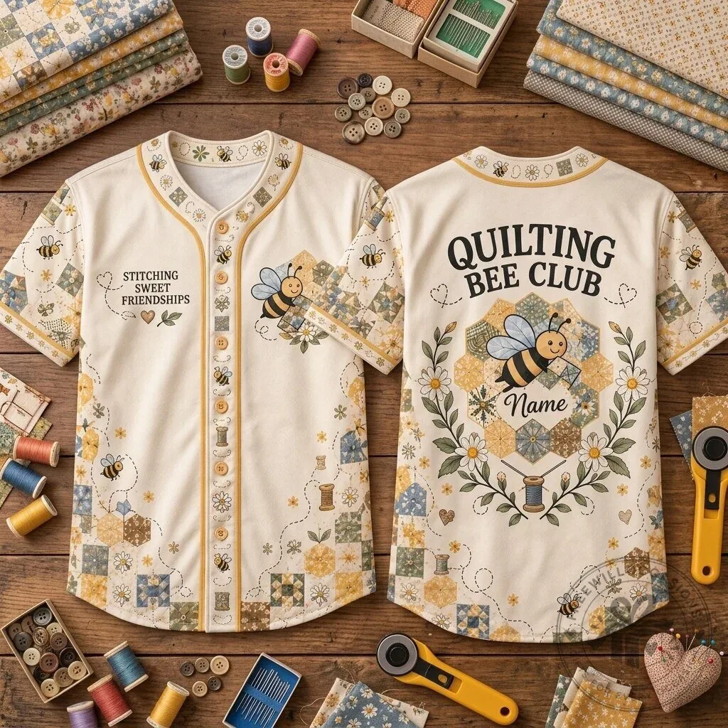 Personalized Quilting Bee Club Baseball Jersey for Quilters and Sewing Enthusiasts