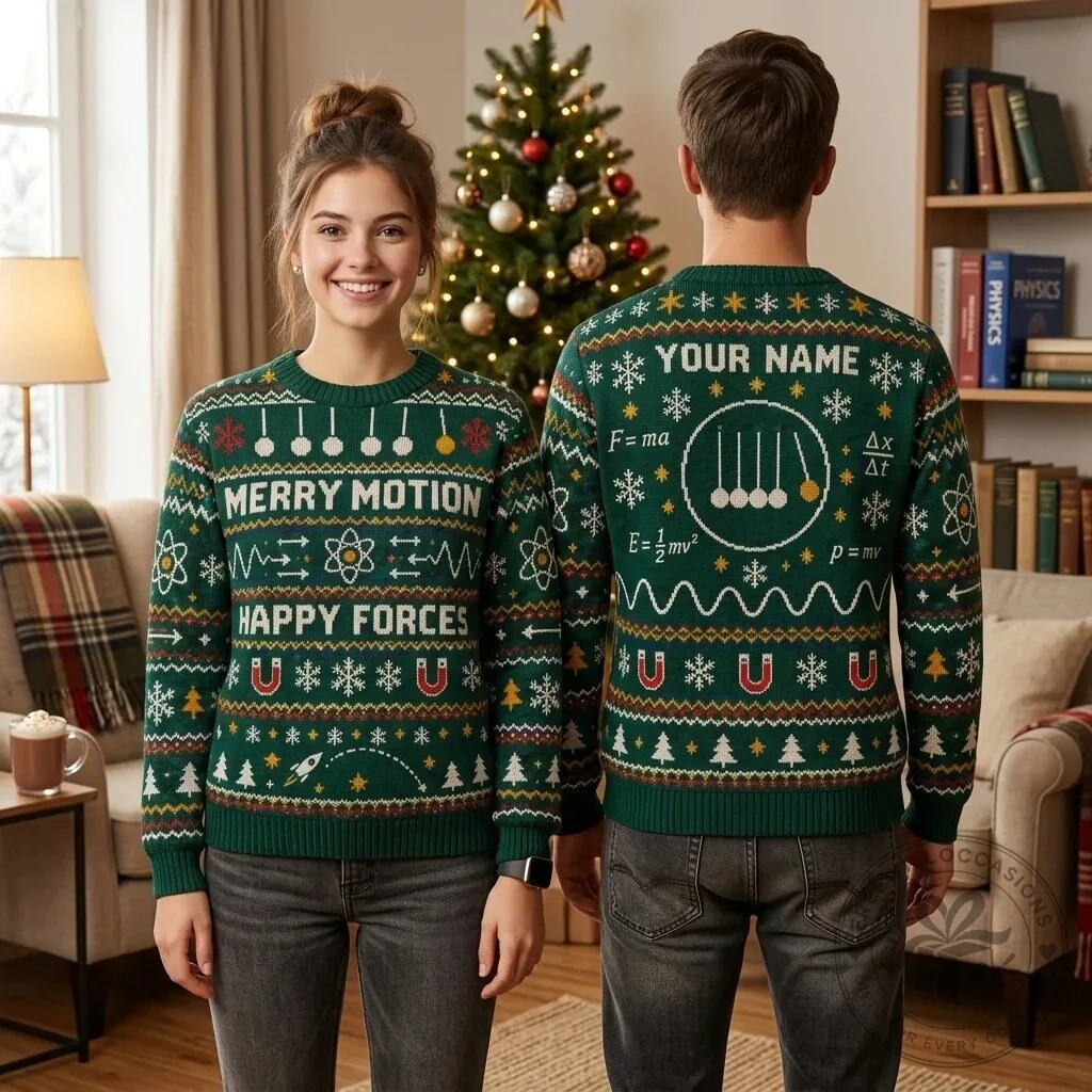 Physics Teacher Merry Motion Happy Forces Science Christmas Ugly Sweater