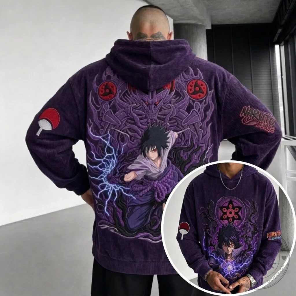 Naruto Sasuke Uchiha Anime Corduroy Oversized Hoodie with Sharingan Design