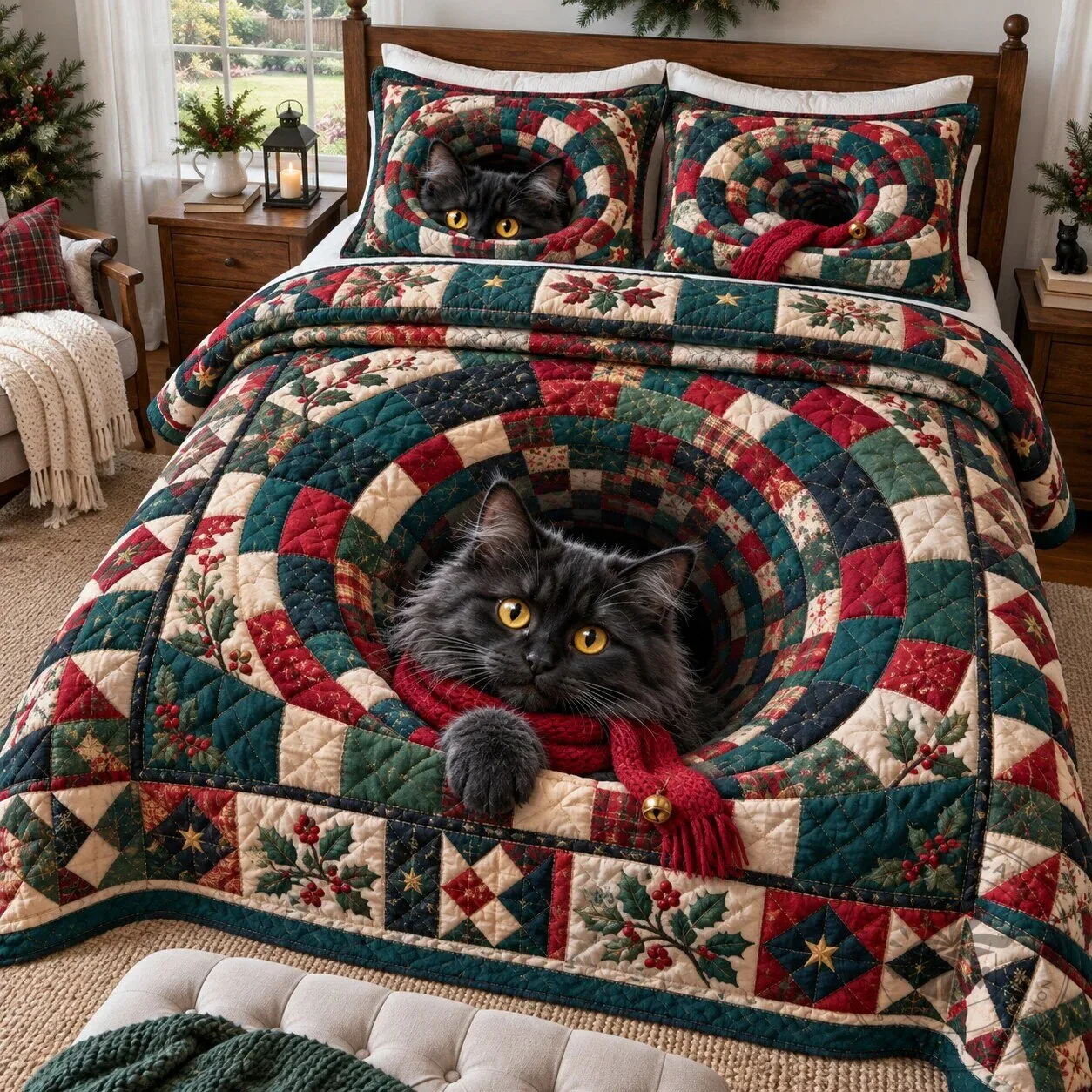 Christmas Cat Tunnel Quilted Bedding Set with Pillow Shams