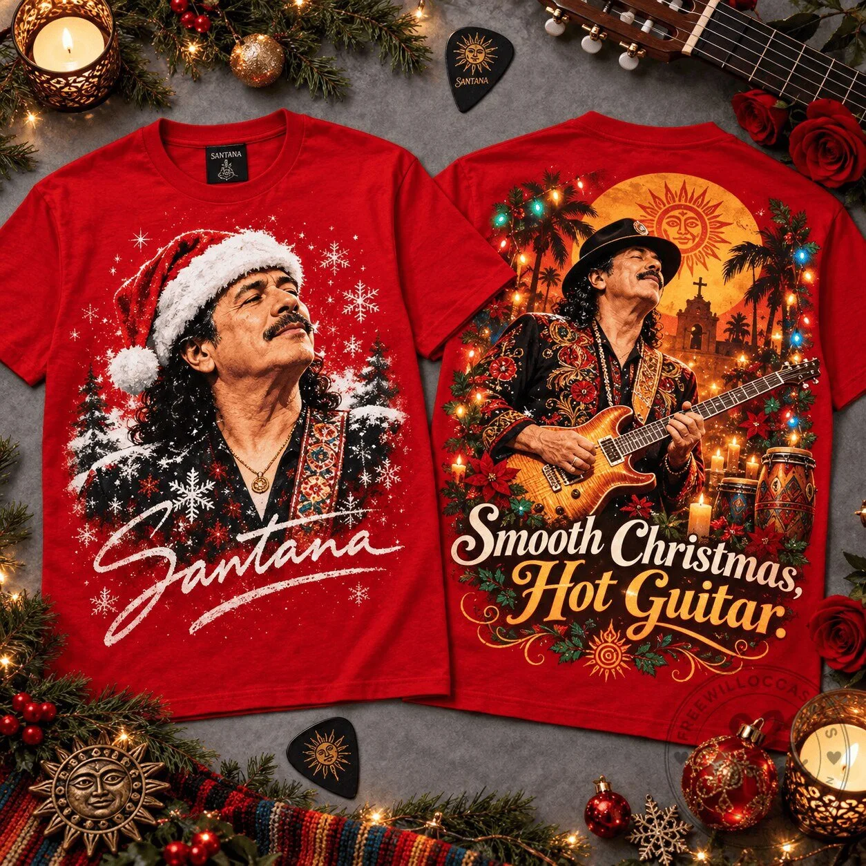 Carlos Santana Smooth Christmas Hot Guitar Portrait Red Graphic T-Shirt