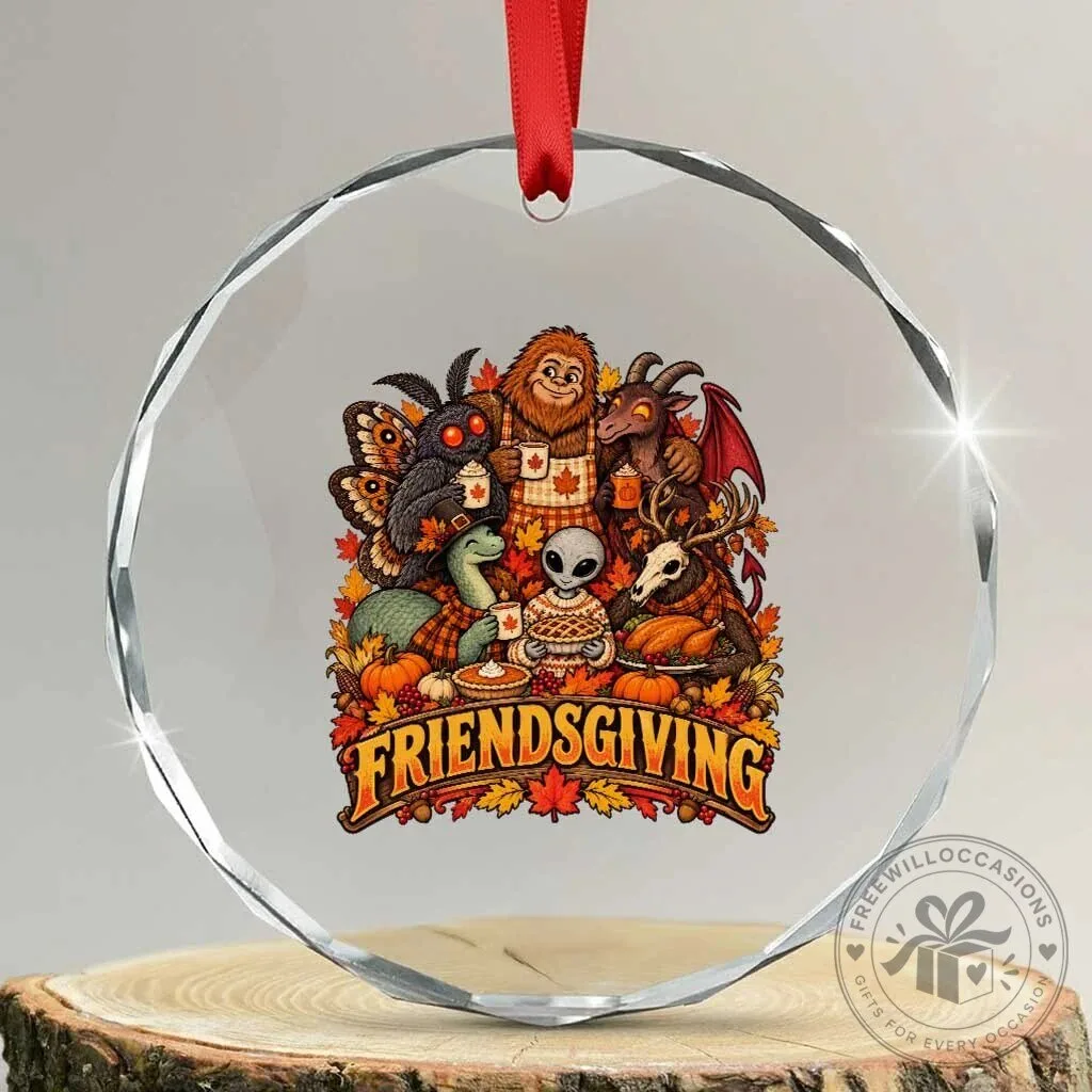 Friendsgiving Cryptids Autumn Harvest Thanksgiving Crystal Glass Ornament