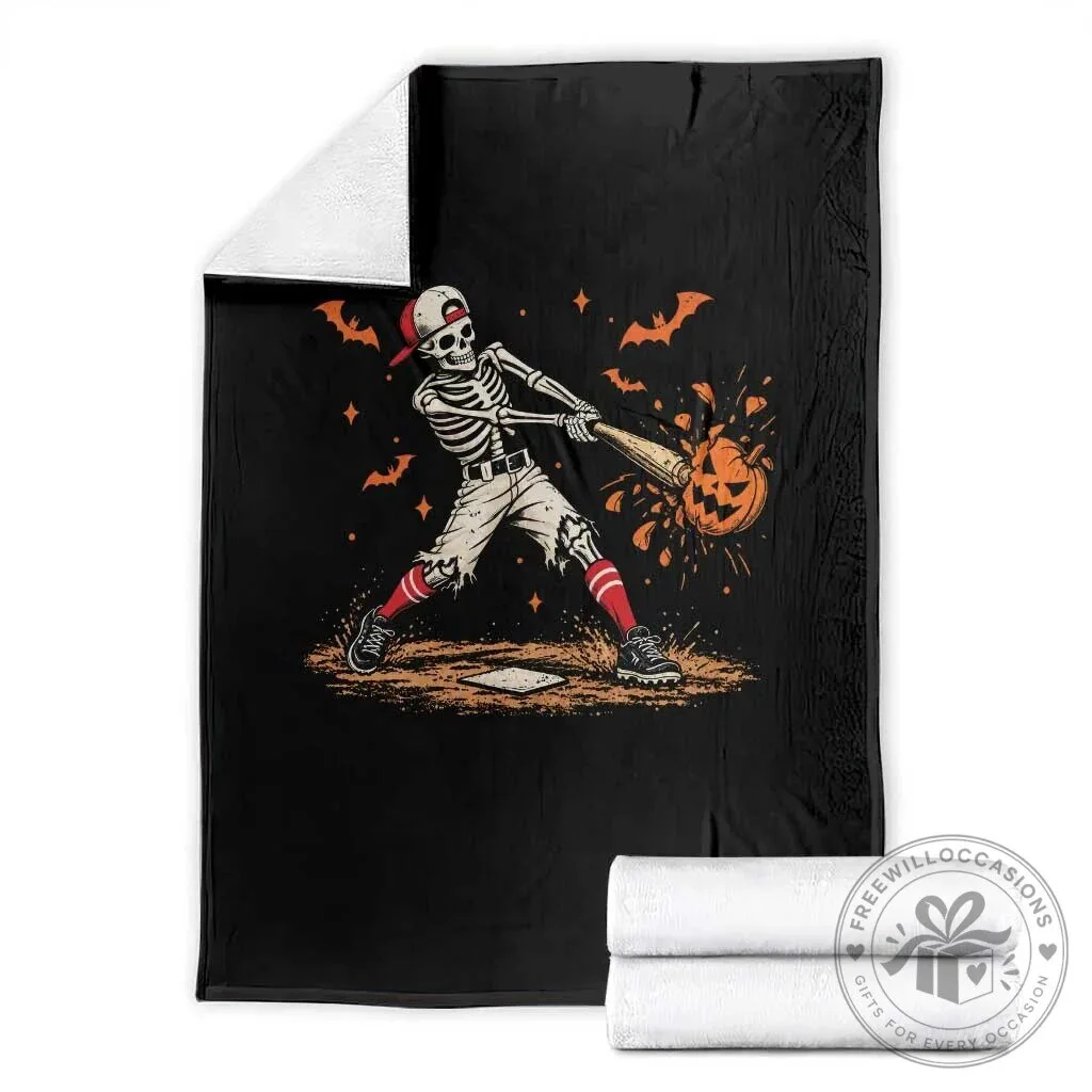 Halloween Skeleton Playing Baseball Jack O Lantern Spooky Throw Blanket