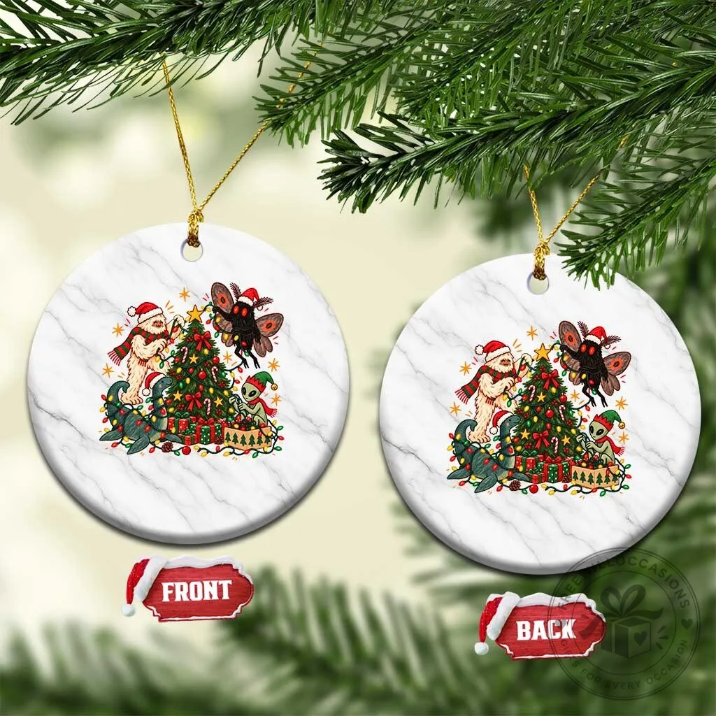 Cryptid Decorating Christmas Tree Holiday Vintage Folk Art Ceramic Ornament