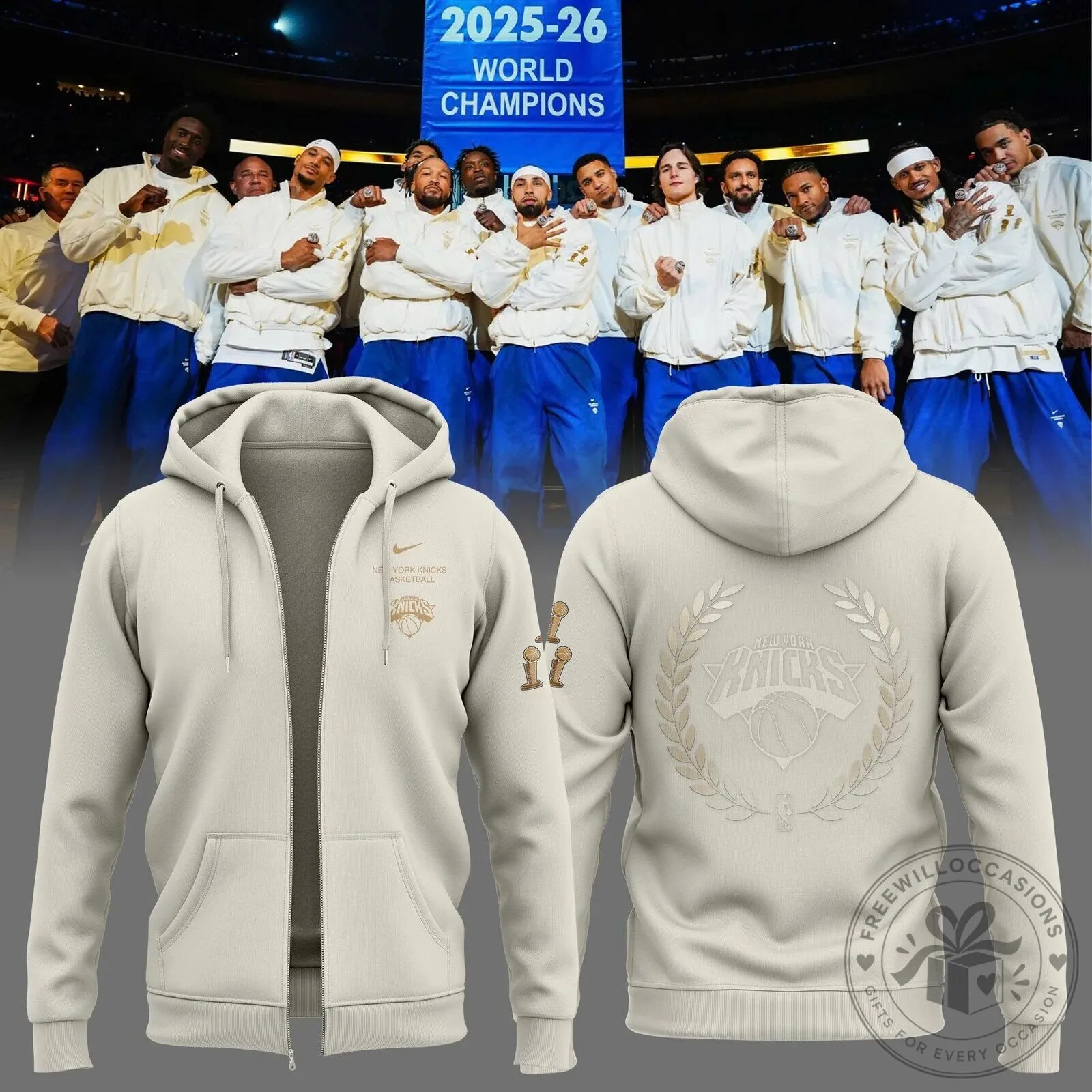 New York Knicks 2026 World Champions Cream Full-Zip Hoodie