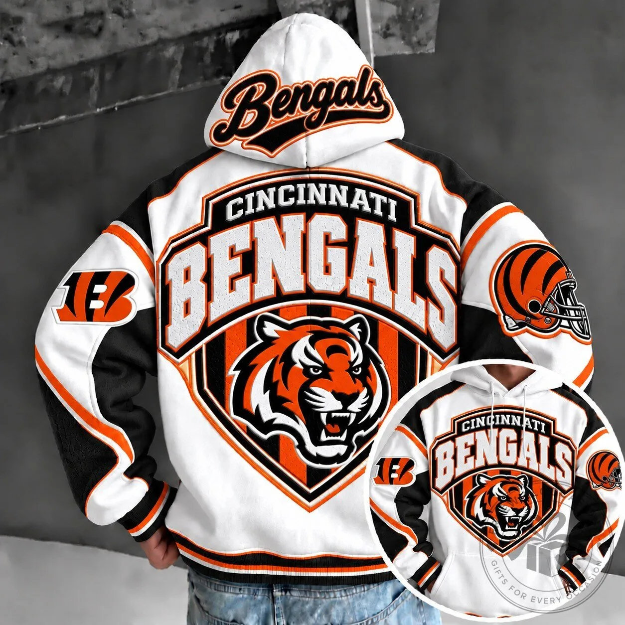 Cincinnati Bengals Football Team White and Orange Striped Hoodie