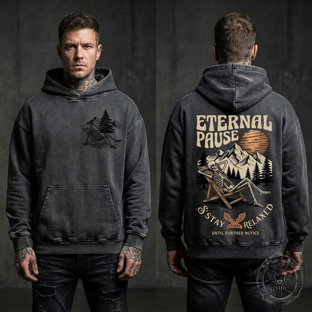 Eternal Pause Stay Relaxed Skeleton Graphic Vintage Washed Hoodie