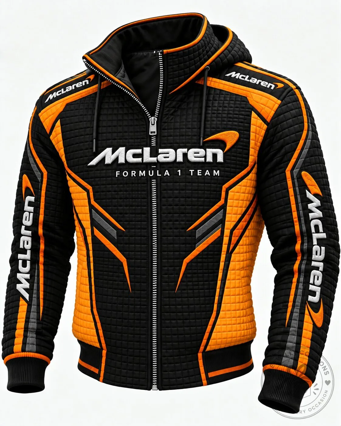 Black and Orange Quilted Zip-Up Hooded Jacket from McLaren Formula 1 Team
