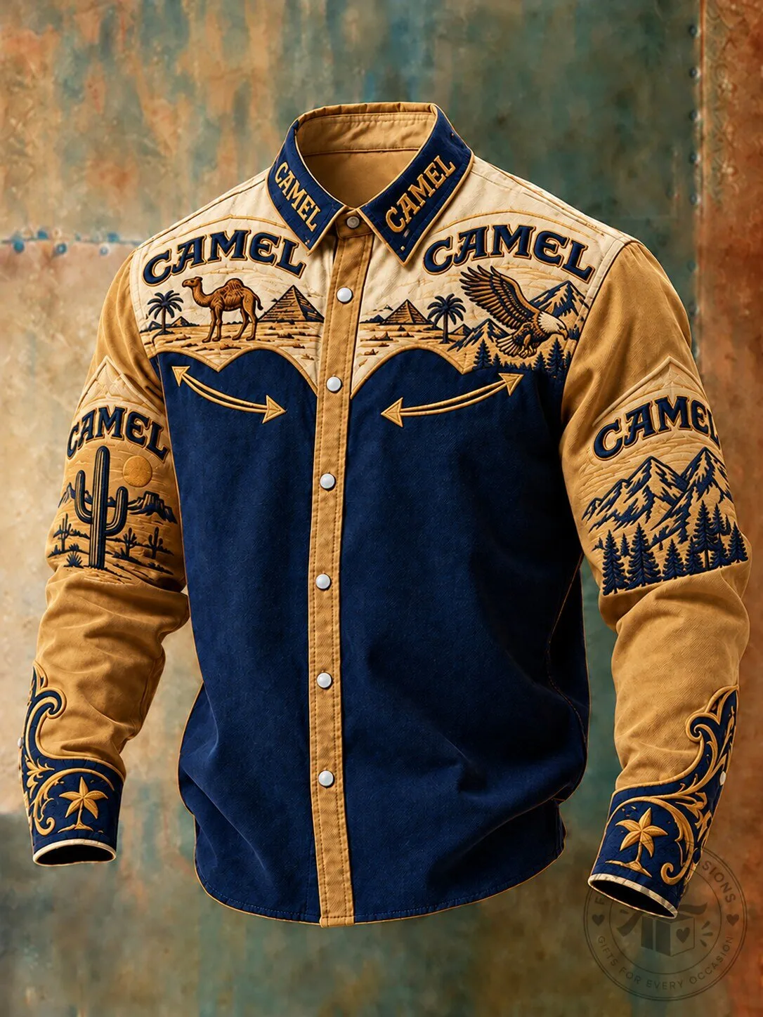 Camel Western Style Colorblock Long Sleeve Button-Up Shirt for Men