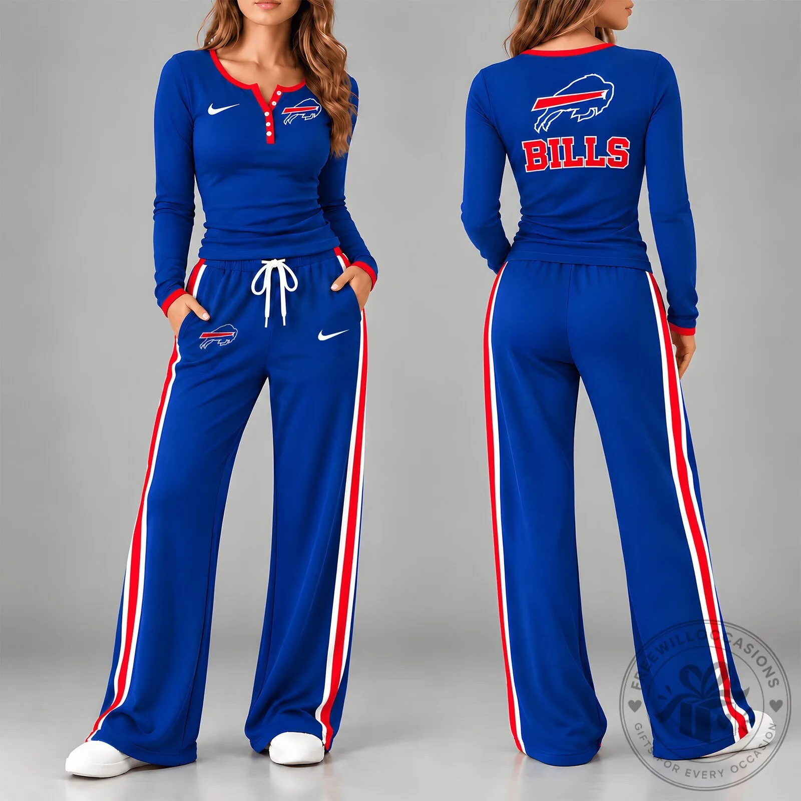 Buffalo Bills Women's Blue Long Sleeve Henley Top and Wide Leg Pants Set