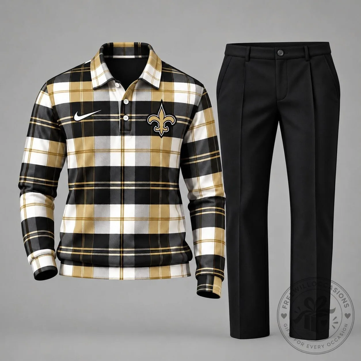New Orleans Saints Plaid Long Sleeve Polo Shirt